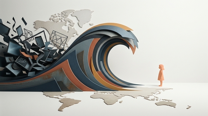 Ola geométrica protege a un niño de fragmentos digitales en un mapa global, representando las prohibiciones de redes sociales.