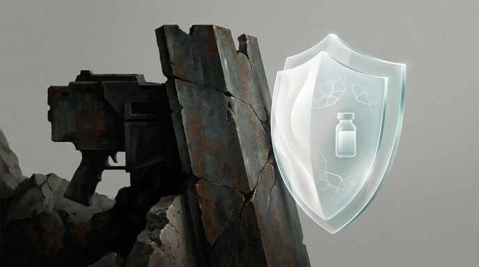 Escudo de cristal con vial médico junto a armamento oxidado y escombros, representando el contraste de gasto.