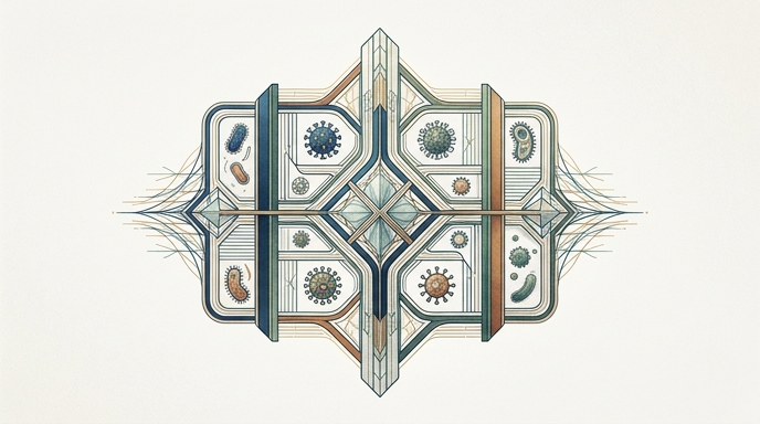 Ilustración editorial de una estructura geométrica compleja que organiza y clasifica de forma sistemática varios tipos de virus y bacterias.