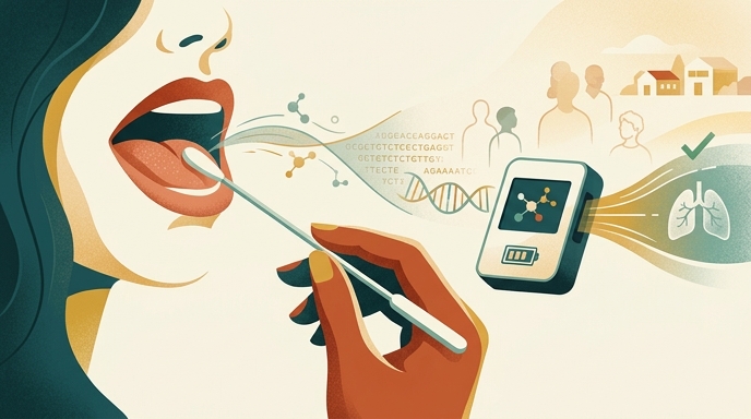 Ilustración de una prueba rápida de tuberculosis de la OMS con frotis de lengua y dispositivo portátil.