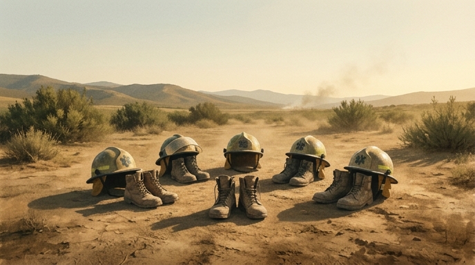 Cascos y botas de paramédicos vacíos en tierra seca de Líbano, simbolizando la pérdida de personal médico.