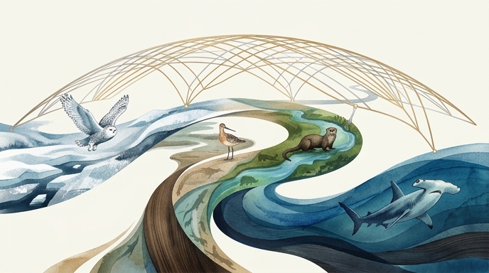 **Alt text**: Ilustración de especies protegidas por la ONU: búho nival, zarapito picofino, nutria gigante y tiburón martillo en sus hábitats.