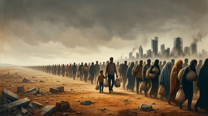 Multitud de desplazados caminando con sus pertenencias frente a una ciudad destruida, en una imagen sombría.