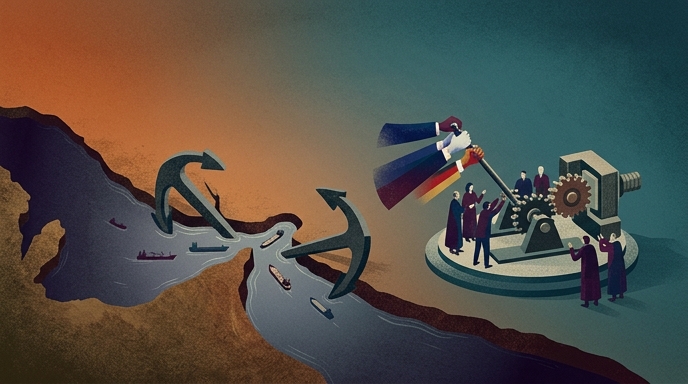 Ilustración de estilo editorial sobre el estancamiento de la ONU respecto al estrecho de Ormuz, con el paso bloqueado por anclas gigantes y la maquinaria diplomática paralizada.
