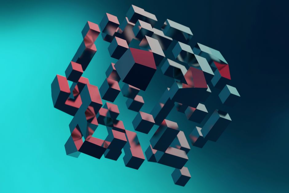 Cubos 3D abstractos formando un patrón geométrico complejo con un estilo futurista.