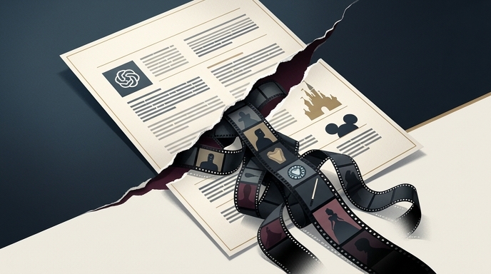 Un contrato de OpenAI y Disney roto por la mitad con cintas de película de video derramándose.