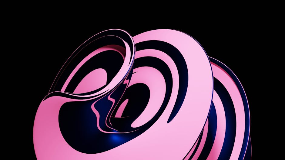 Un diseño moderno y abstracto en espiral 3D en tonos rosas y negros sobre un fondo oscuro.