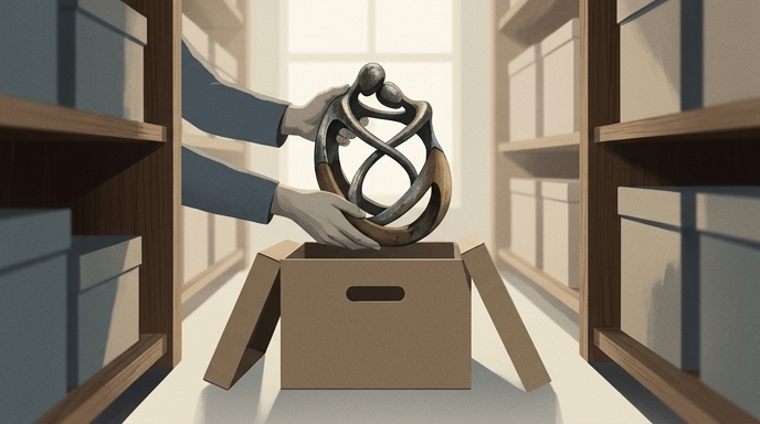 Manos guardando una escultura de figuras entrelazadas en una caja de cartón en un archivo de madera.