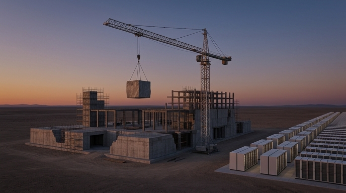 Obra paralizada de centro de datos frente a filas de servidores modulares en un desierto al anochecer.