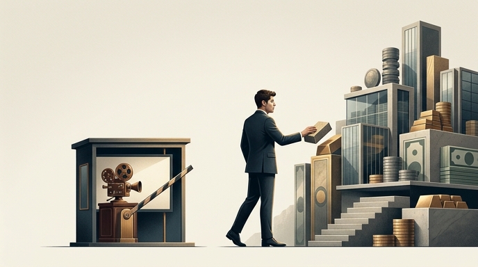 Sam Altman se aleja de una cámara de cine bloqueada hacia una estructura creciente de dinero y edificios, simbolizando un cambio de enfoque.