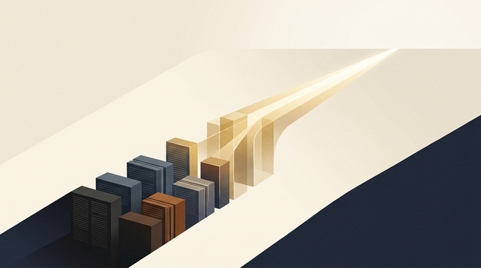 **
Una ilustración editorial minimalista de cubos geométricos texturales que se alinean y transforman en un haz de luz ascendente, simbolizando el camino directo de la IA hacia la inteligencia general.