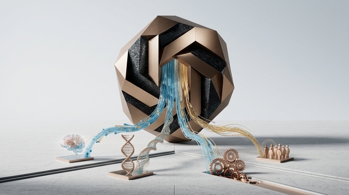 Escultura abstracta que distribuye flujos de datos hacia símbolos de salud, ciencia y sociedad.