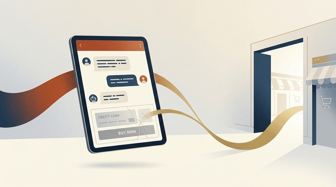 Ilustración de un chat con botón de compra roto y un camino que guía hacia una tienda externa.