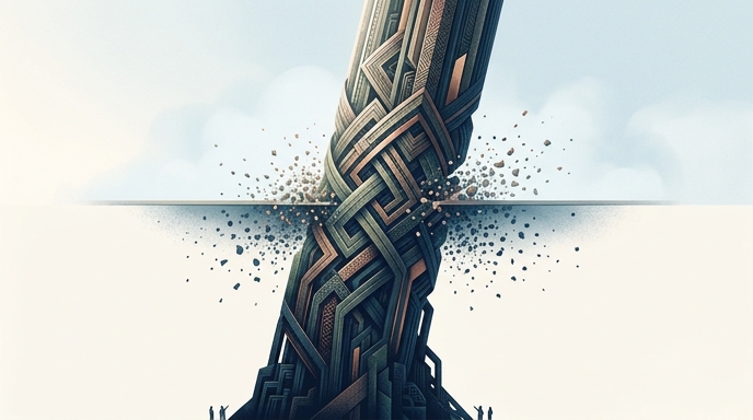 Ilustración de una estructura abstracta de código que rompe una barrera horizontal, simbolizando el aumento de límites.