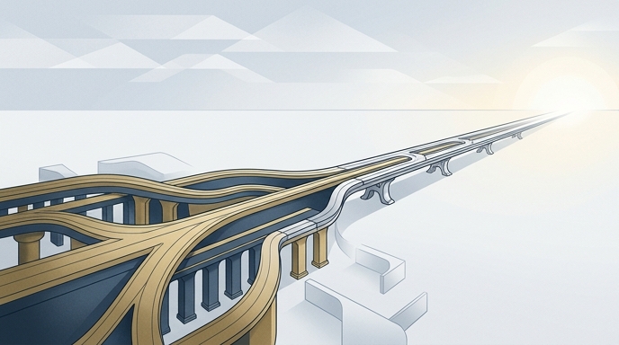 Ilustración de un complejo paso elevado que se estrecha en un solo camino, simbolizando la nueva disciplina fiscal de OpenAI.