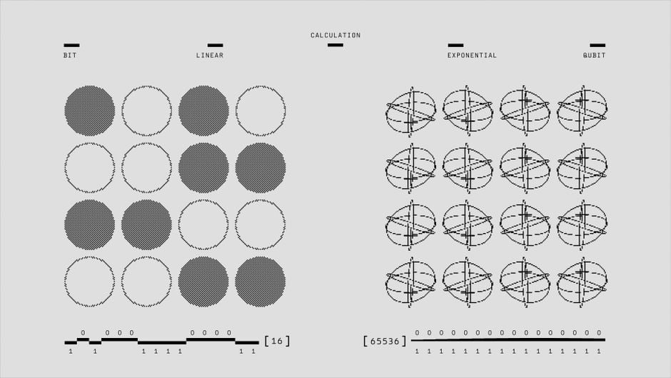 Representación visual de cálculos geométricos comparando bits y qubits en blanco y negro.