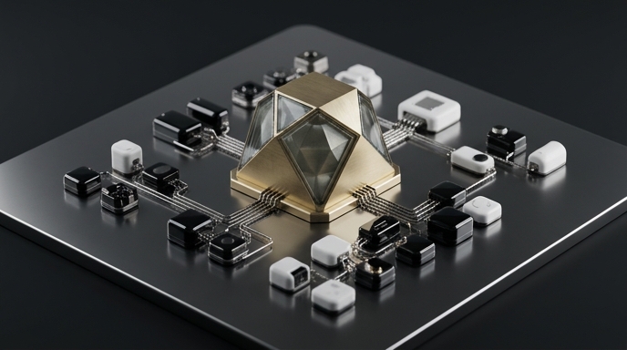 Un microchip modular con un núcleo dorado central rodeado de componentes pequeños en blanco y negro, sobre una base plateada.