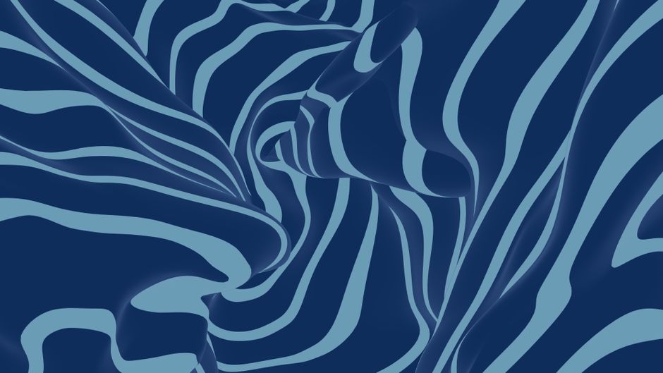 Arte abstracto dinámico con cintas fluidas de color azul y blanco que giran y crean un efecto visual vibrante.