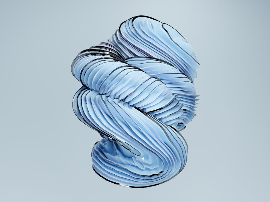 Intrincada forma escultórica 3D en azul con texturas en capas sobre un fondo degradado.