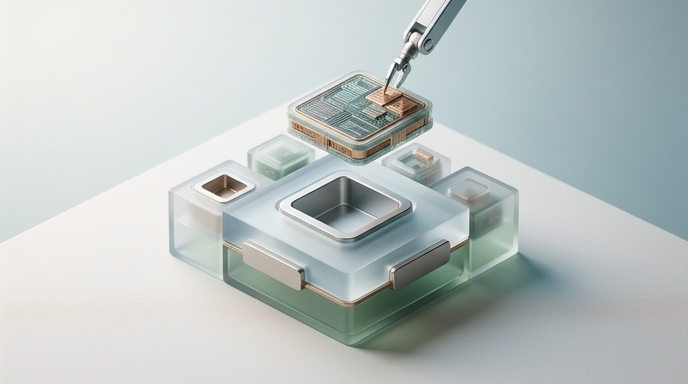 Escultura geométrica translúcida con un componente central insertándose, simbolizando la integración de herramientas AI.