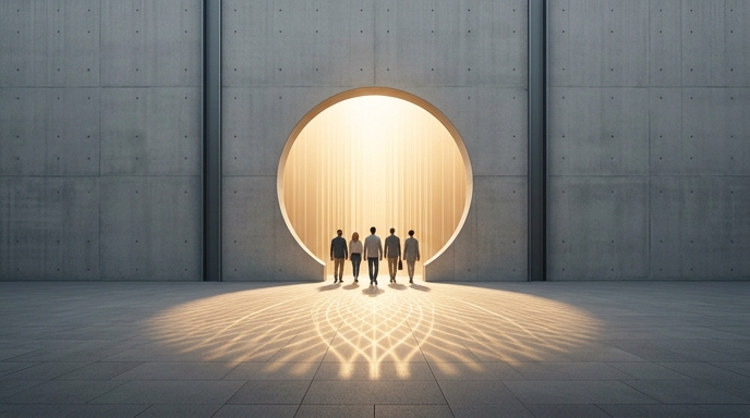 Inversores de a pie cruzan un portal de luz en un muro de hormigón, simbolizando el acceso a OpenAI a través de ARK.