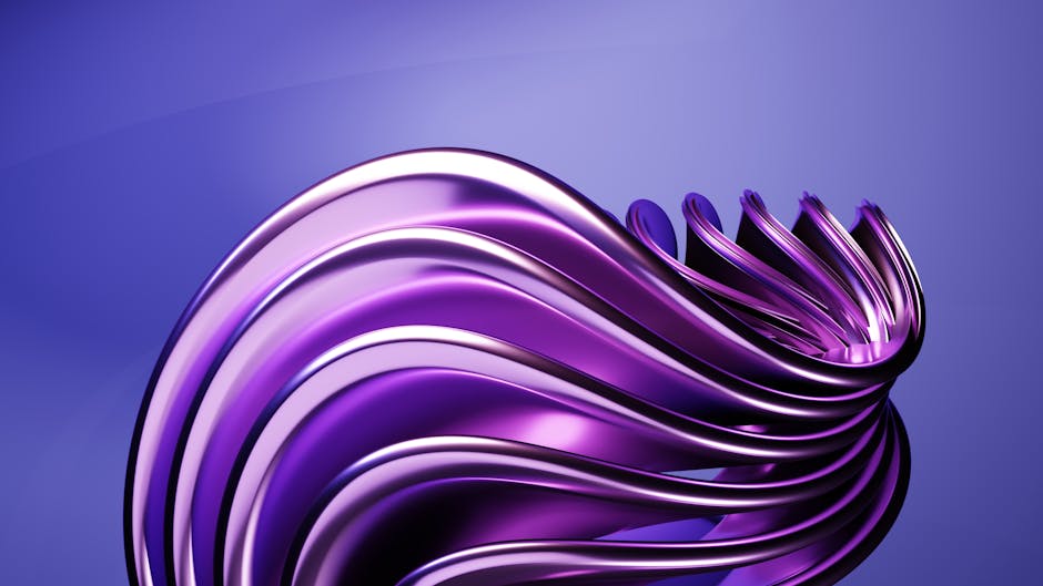 Elegante representación 3D de una forma de onda de color púrpura metálico sobre un fondo azul.