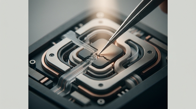 Herramienta de precisión reparando una microfisura en un componente tecnológico de vanguardia.