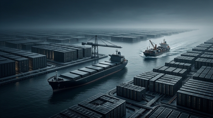 Dos barcos navegan por canales industriales flanqueados por extensas hileras de servidores de datos en un entorno oscuro y brumoso.