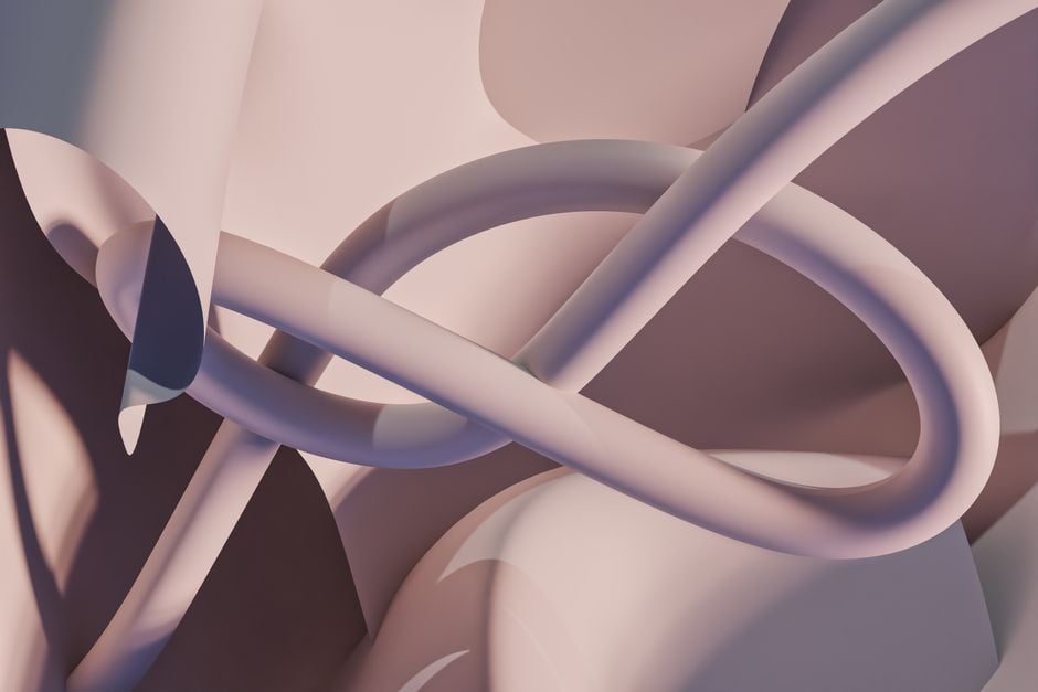 Un delicado renderizado abstracto en 3D que muestra curvas suaves y tonos pastel, ideal para fondos de diseño moderno.