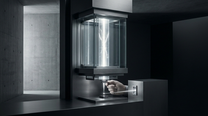 Mano controlando un mecanismo de precisión que emite un rayo de luz en un entorno industrial oscuro y minimalista.