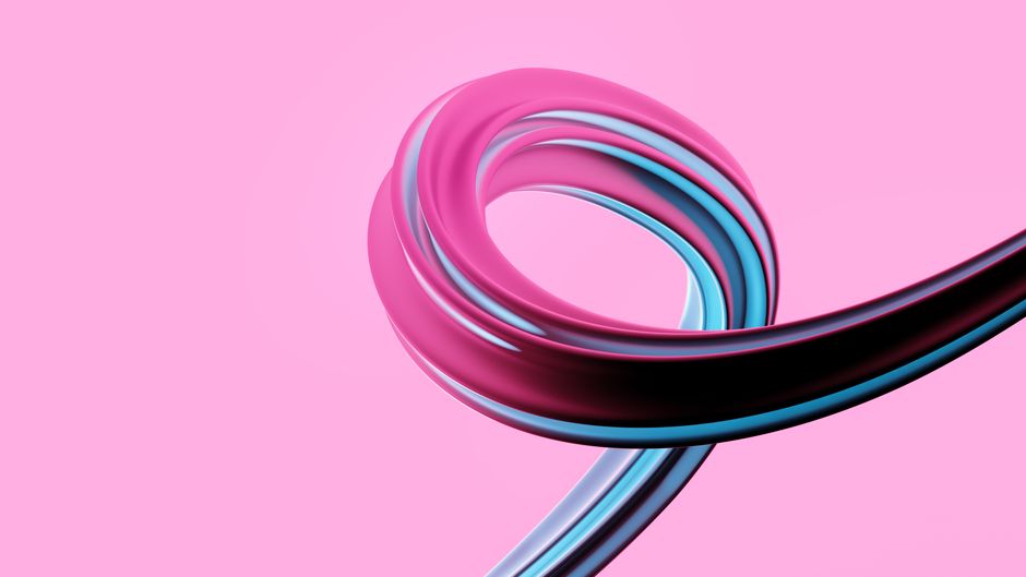 Arte abstracto 3D colorido y retorcido con tonos vibrantes de rosa y azul sobre un fondo suave.