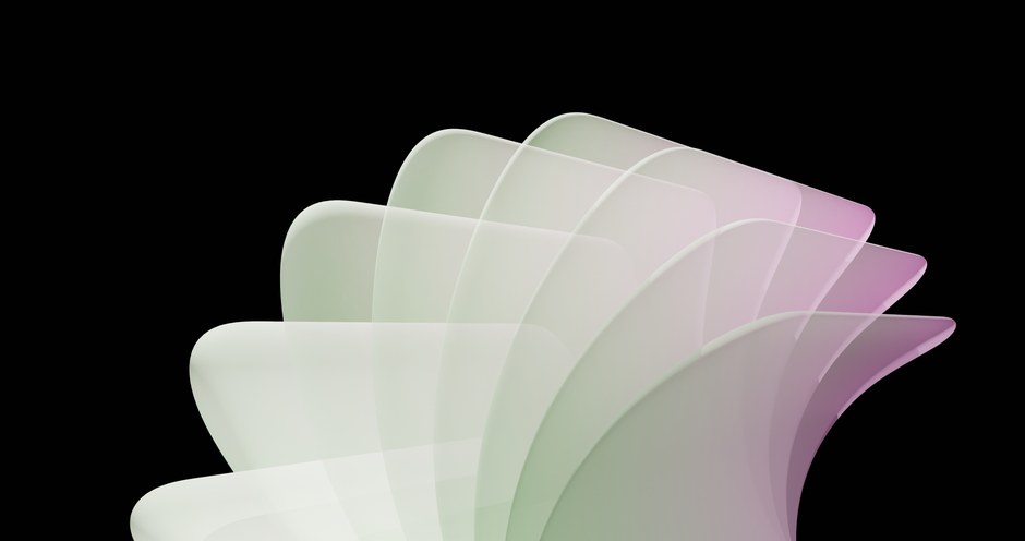 Diseño abstracto que presenta formas suaves superpuestas con un degradado suave sobre un fondo negro.