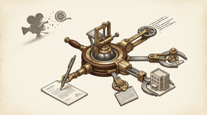 ilustración editorial que representa una herramienta multifuncional central que reemplaza elementos de filmación que se desvanecen.