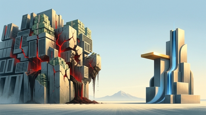 Dos rascacielos conceptuales: uno colosal y agrietado sangrando efectivo, el otro más pequeño y estable con un flujo azul ascendente.