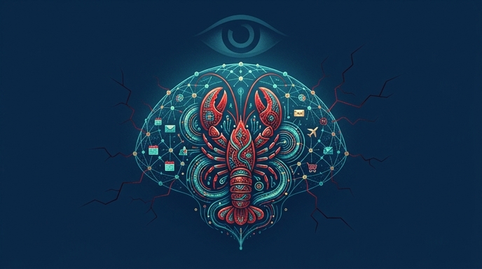 Ilustración de una langosta mecánica con iconos de tareas, bajo la vigilancia de un ojo y con grietas de inseguridad.