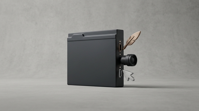 Un dispositivo negro minimalista que representa un navegador tiene puertos donde se conectan iconos de una pluma, una cámara y un cursor, simbolizando la integración de herramientas de IA.