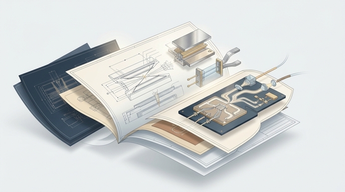 Un manual técnico abierto muestra diagramas y componentes físicos de un ordenador cuántico de iones atrapados.