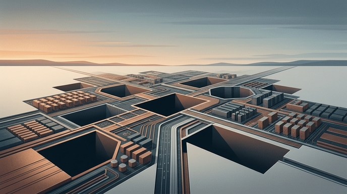 Una vista isométrica y texturizada de una red compleja con vacíos geométricos, que simboliza los recortes de personal en Oracle.