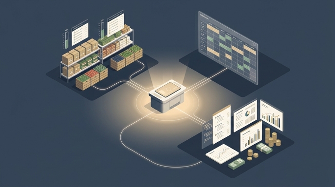 Ilustración isométrica que muestra un sistema central que unifica la gestión de inventario, horarios y finanzas de un restaurante.
