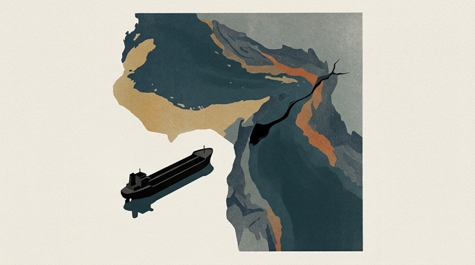 Ilustración editorial minimalista del Estrecho de Ormuz, mostrando un buque petrolero y una grieta simbólica en el paisaje.