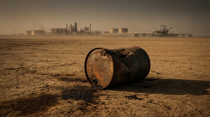 Un barril de petróleo oxidado y abollado yace en un paisaje desértico agrietado, con una refinería de petróleo borrosa y sin actividad al fondo bajo un cielo brumoso.
