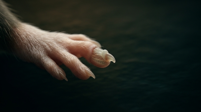 Un primer plano fotográfico de una pata de ratón con un dedo regenerándose de forma transparente.