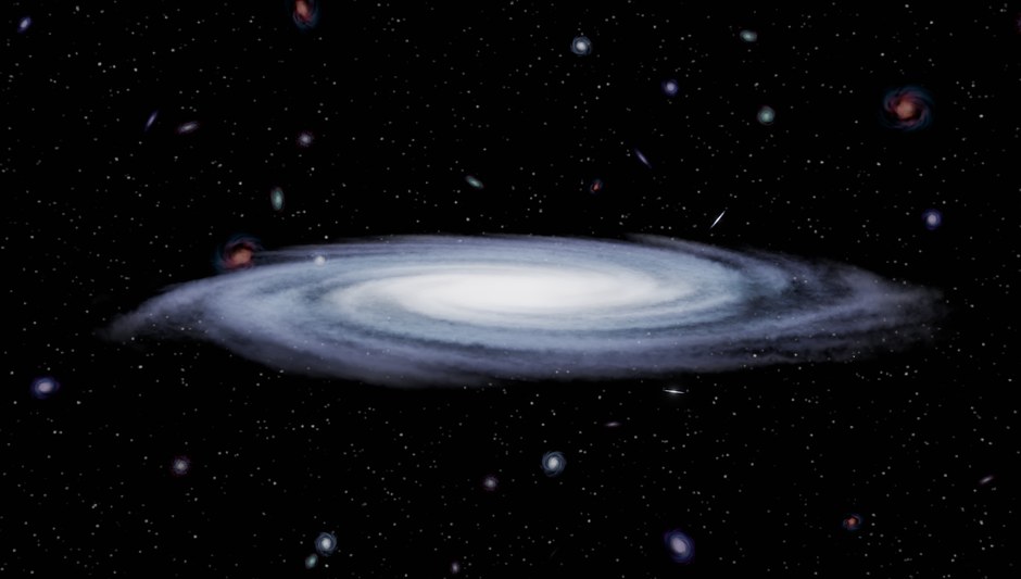 Ilustración de una galaxia espiral rodeada de estrellas y galaxias en el espacio profundo, que muestra la belleza cósmica.