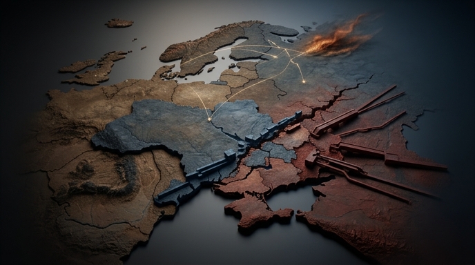 Un mapa conceptual en relieve que muestra la frontera en disputa entre Ucrania (azul) y Rusia (rojo), con marcas de tensión.