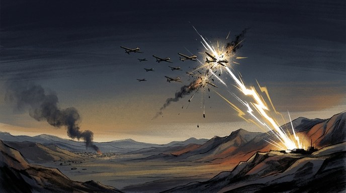 Ilustración editorial que muestra la interceptación de drones sobre un paisaje montañoso con explosiones y humo.