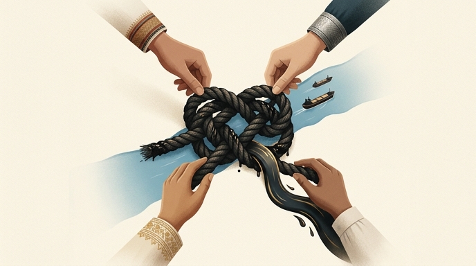 Manos con vestimentas regionales desenredan un nudo de cuerda negra que bloquea un río con barcos y petróleo.