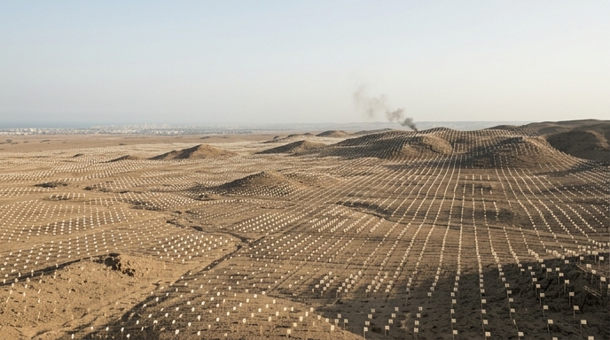 Un vasto paisaje desértico con una cuadrícula de marcadores digitales sobre el terreno y una columna de humo en la distancia.
