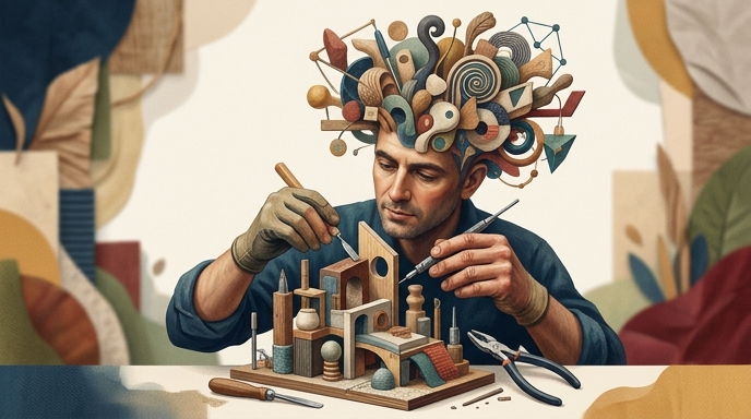 Un artesano talla estructuras de madera mientras formas abstractas y creativas brotan de su mente.