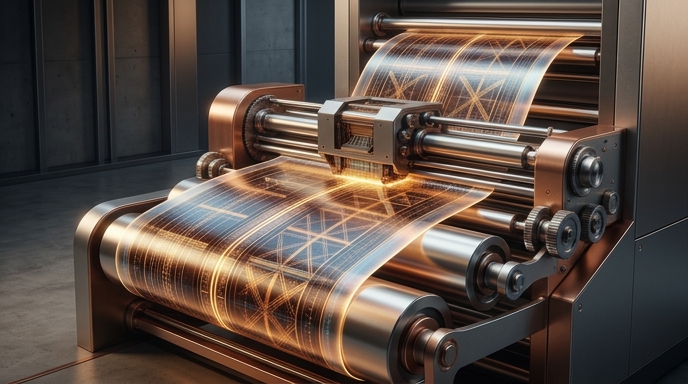 Un primer plano de una máquina de impresión de rollo a rollo que fabrica células solares de perovskita flexibles y estables con patrones luminosos.