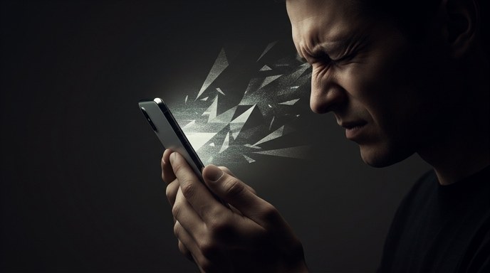 Un hombre con expresión de dolor aprieta los ojos frente a un celular que emite esquirlas de luz agresiva.